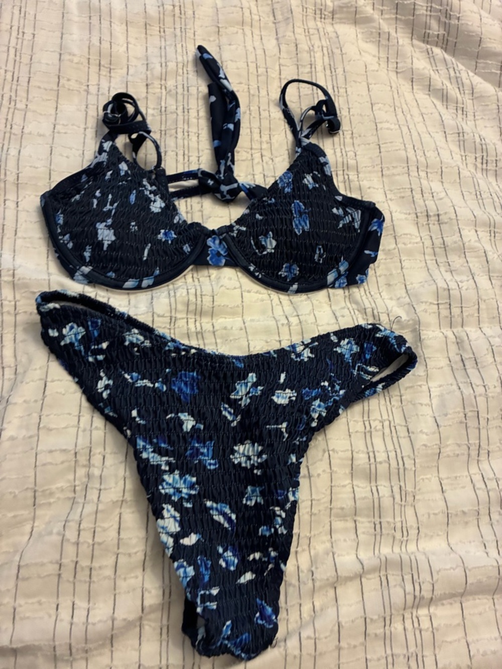 Blue Floral Smocked Bikini Set - Blue & White Flowers